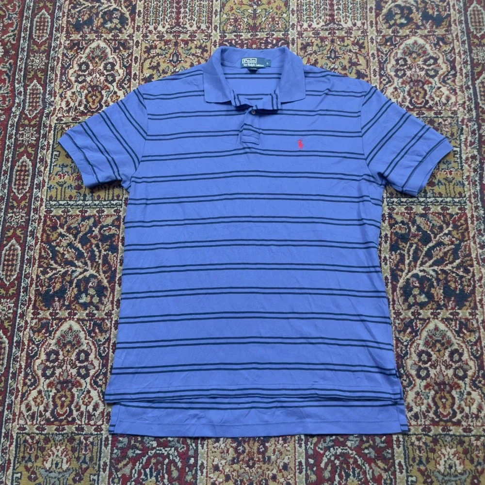 VTG 90s Polo Ralph Lauren L Blue Striped Short Sleeve Cotton Polo Shirt Red Pony